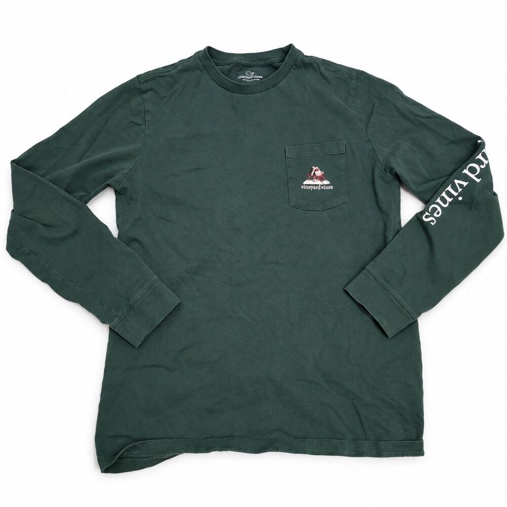 Vineyard Vines Happy Holidays Black Lab Long Sleeve Pocket T-Shirt Green L 16